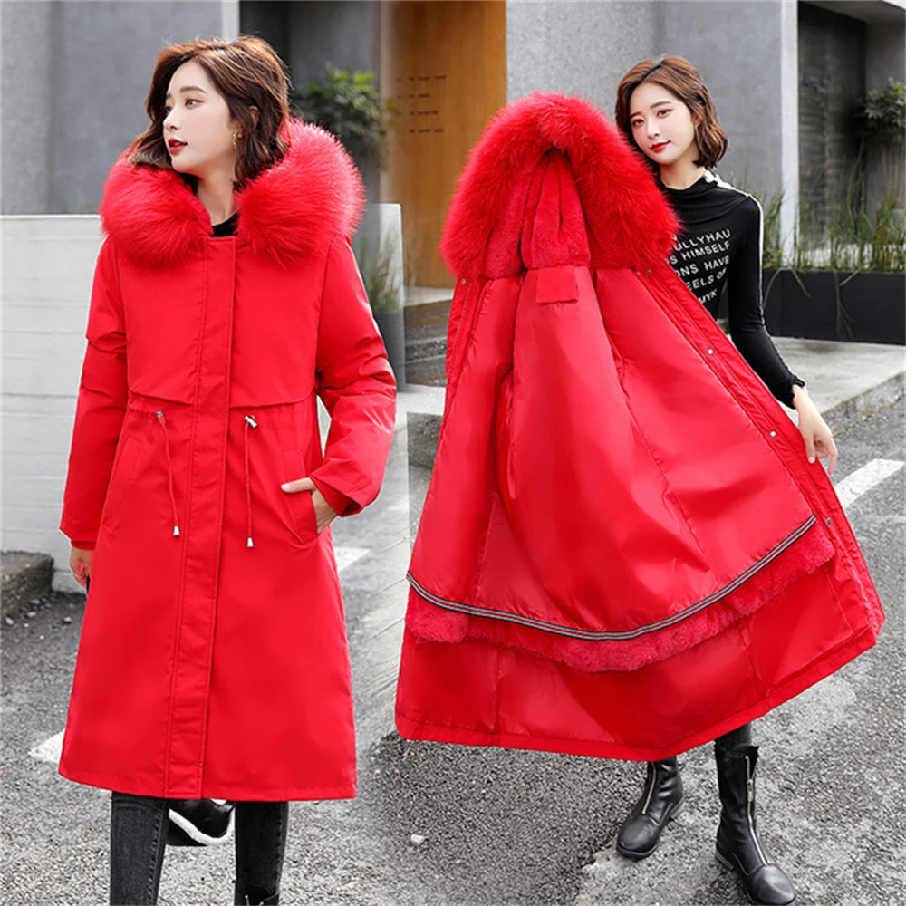 

Women Mid-length Thicken Slim Parker Winter New Removable Cotton Lining Jacket Female With Fur Collar Warm Hooded Outerwear