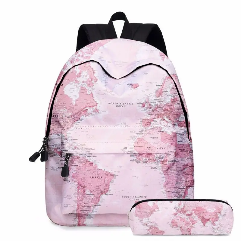 2pcs World Map Printing Backpack Girls Bookbag Laptop Bag Travel Daypack Student Rucksack with Pencil Case