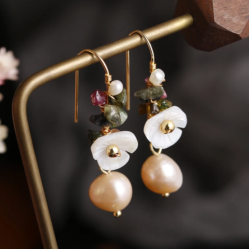 Original Handmade 14K Gold Filled Natural Freshwater Pearl Tourmaline Flower Ladies Drop Earrings Jewelry Women Promotion Gift