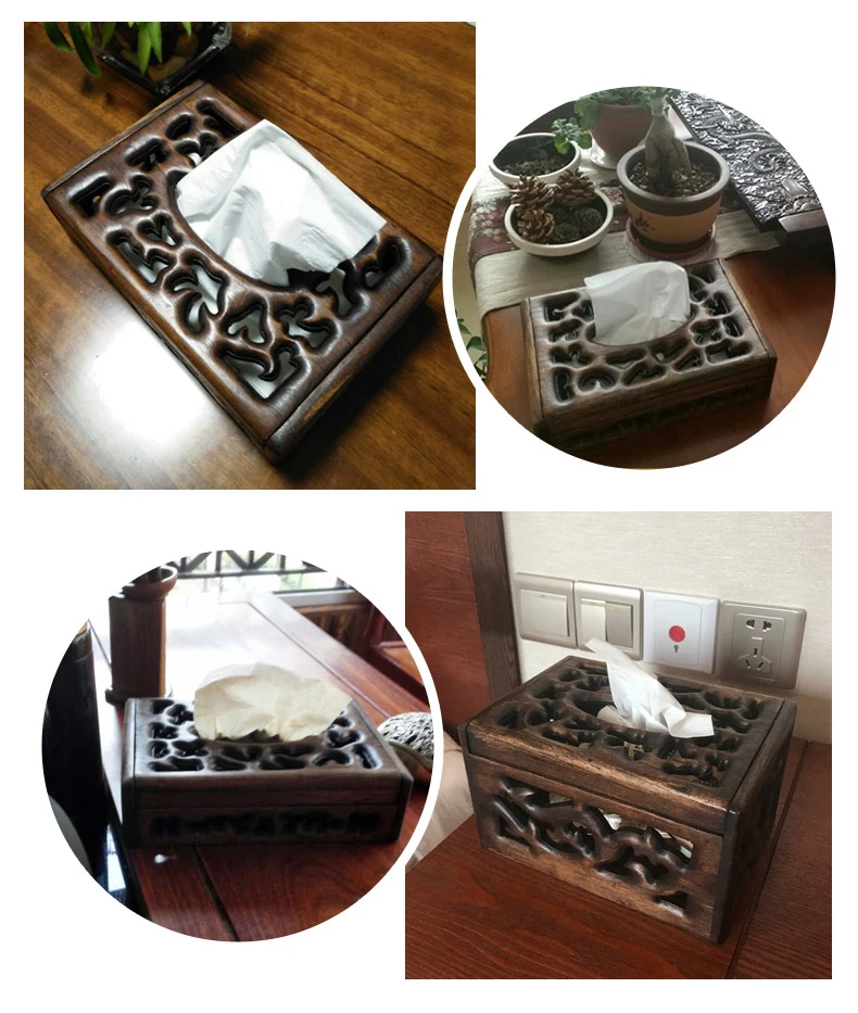 Thai retro wood tissue box Living room creative European tray Tray paper box napkin tray