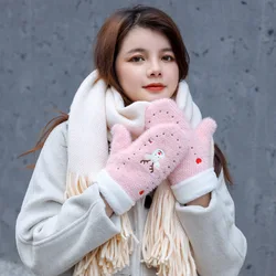 Women Winter Plus Thick Velvet Cashmere Plush Wool Knit Warm Mittens Female Cute Embroidery Cartoons Elk Full Fingers Gloves I32