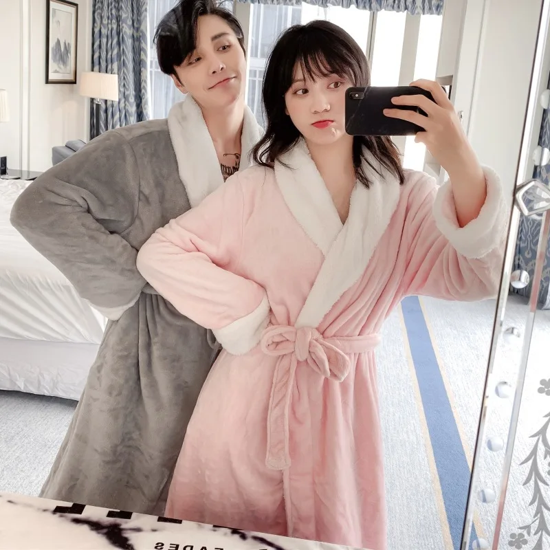 

Autumn Winter Long Couples Robe Thickened Flannel Nightgown Coral Velvet Warm Morning Gown Male Homewear Bathrobe Feminino Hotel