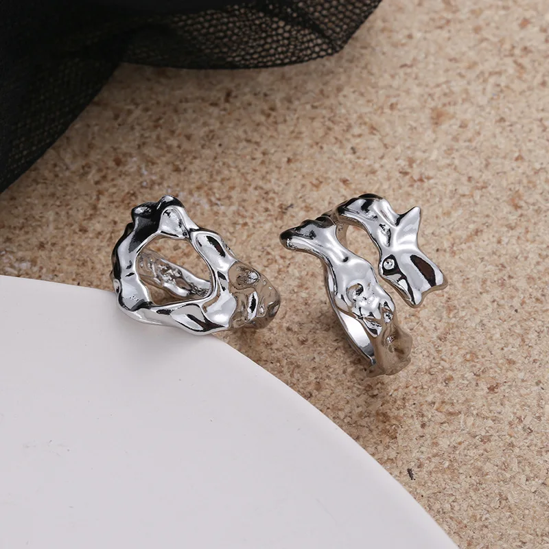 PANJBJ  925 Sterling Silver Irregular Hollow Open Ring Female Korean Personality Hip Hop Exaggerated Ring Gift