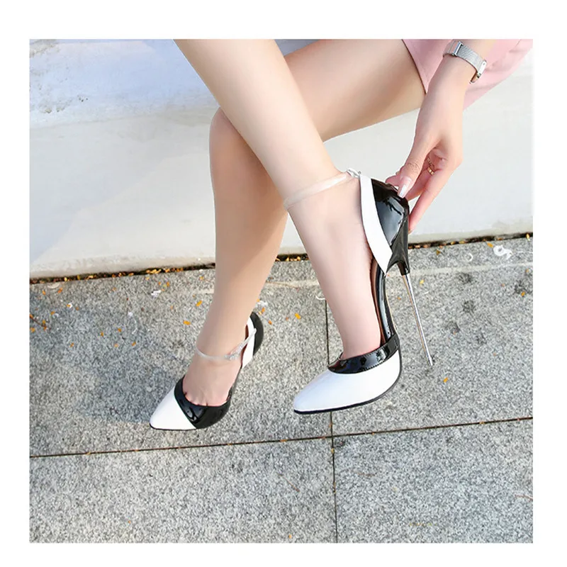 

Women High Heels 16cm Fashion Mixed Colors Ankle Strap Size 46 Female Shoes Pumps Party Modeling Sandals Patent Leather Tacones