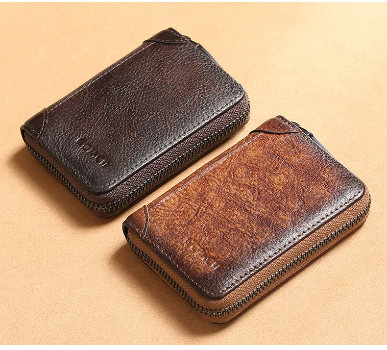 Mini Portafoglio Uomo In Vera Pelle Vintage Con Protezione RFID – Marrone Scuro, Portamonete Lampo, Fatto A Mano