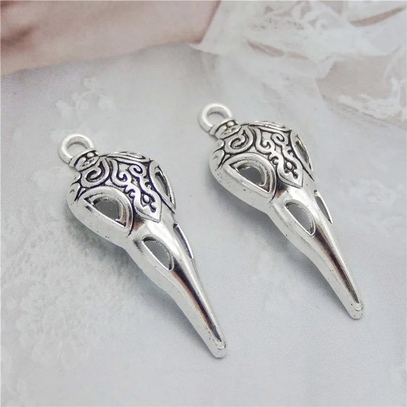 Julie Wang 10PCS Bird Beak Charms Vintage Pattern Antique Silver Color Raven Skull Head Pendant Punk Jewelry Making Accessory