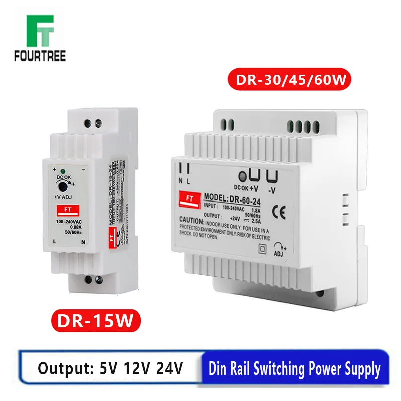 DIN Rail Switching Power Supply DR-15W 30W 45W 60W Single Output 5V 12V 24V AC DC Converter Power Switch Input 110/240VAC