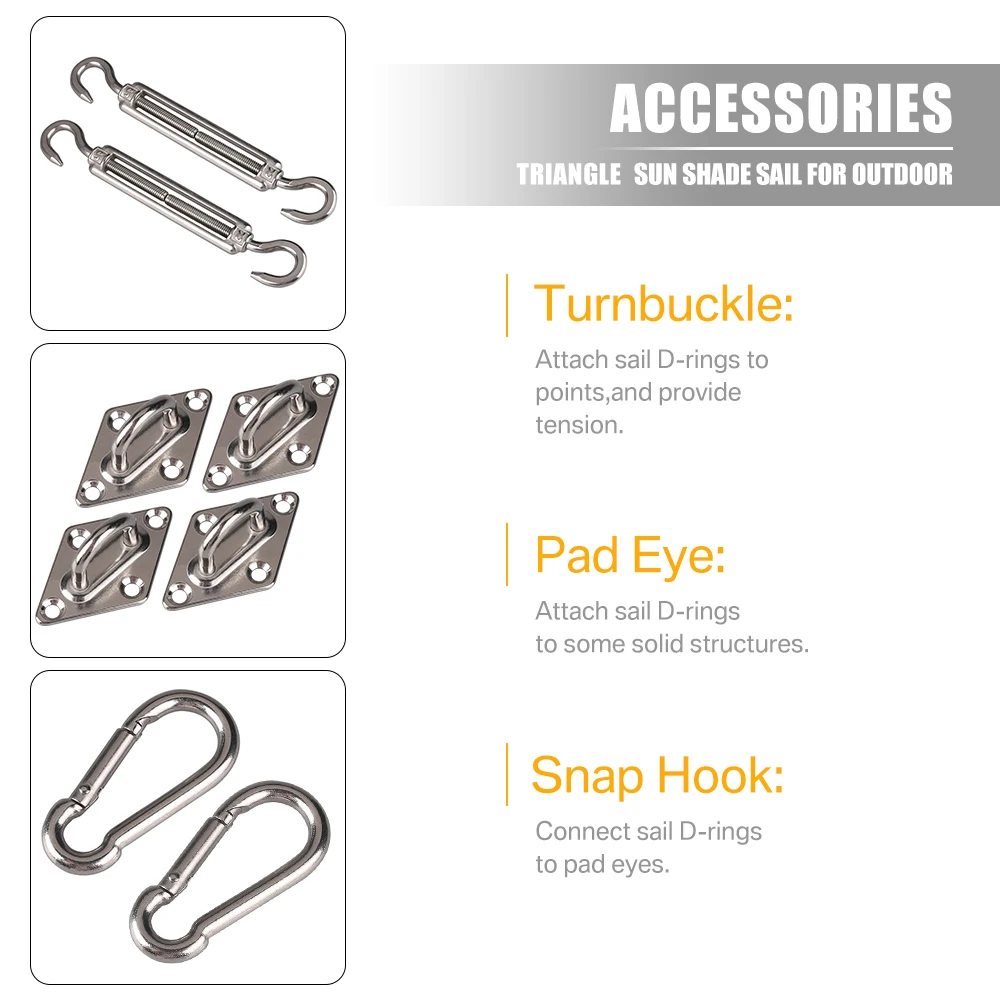 Shade sail accessories 304 stainless steel hardware kit flower basket pad eye carabiner fixing hook screw silver