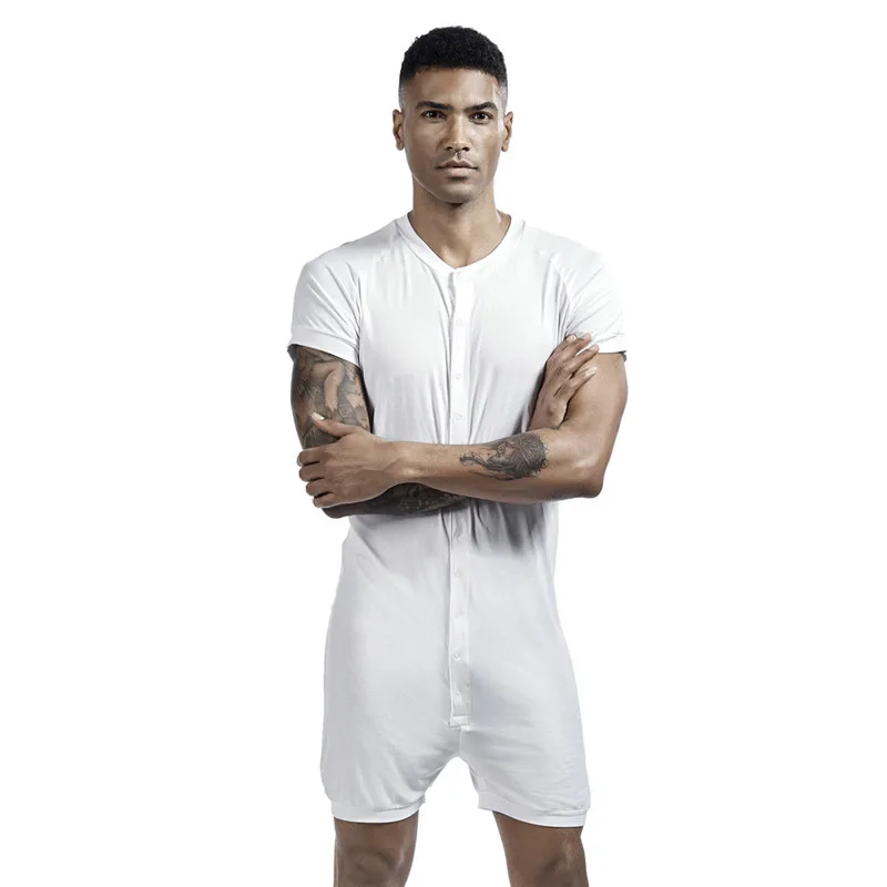 Pijamas siameses masculinos onesies roupas de casa super-elástico confortável botão snap macacão masculino sleepwear t-shirts de cor sólida