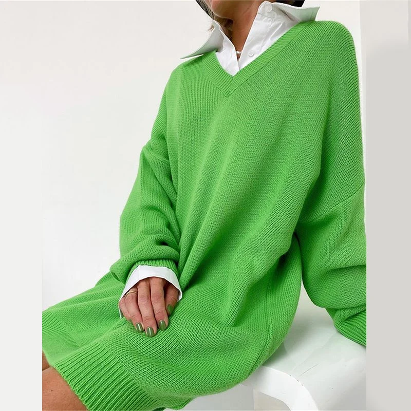 Green Knitted Sweater Women Solid V-neck Oversize Long Sweaters Pullover Casual Loose Drop Shoulder Knitwear Jumpers