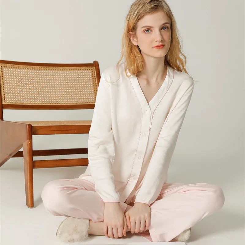 Hanxiuju Soft Viscose Women's Pajama Sets V- neck Loose Solid Color Sleepwear Suits Spring Autumn