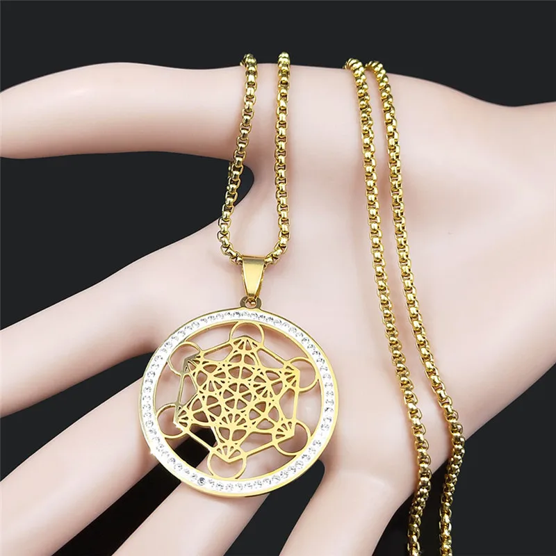 Flower of Life Stainless Steel Crystal Pendant Necklace Metatron Sacred Geometry Symbol Necklace Jewelry bijoux femme N4833S02