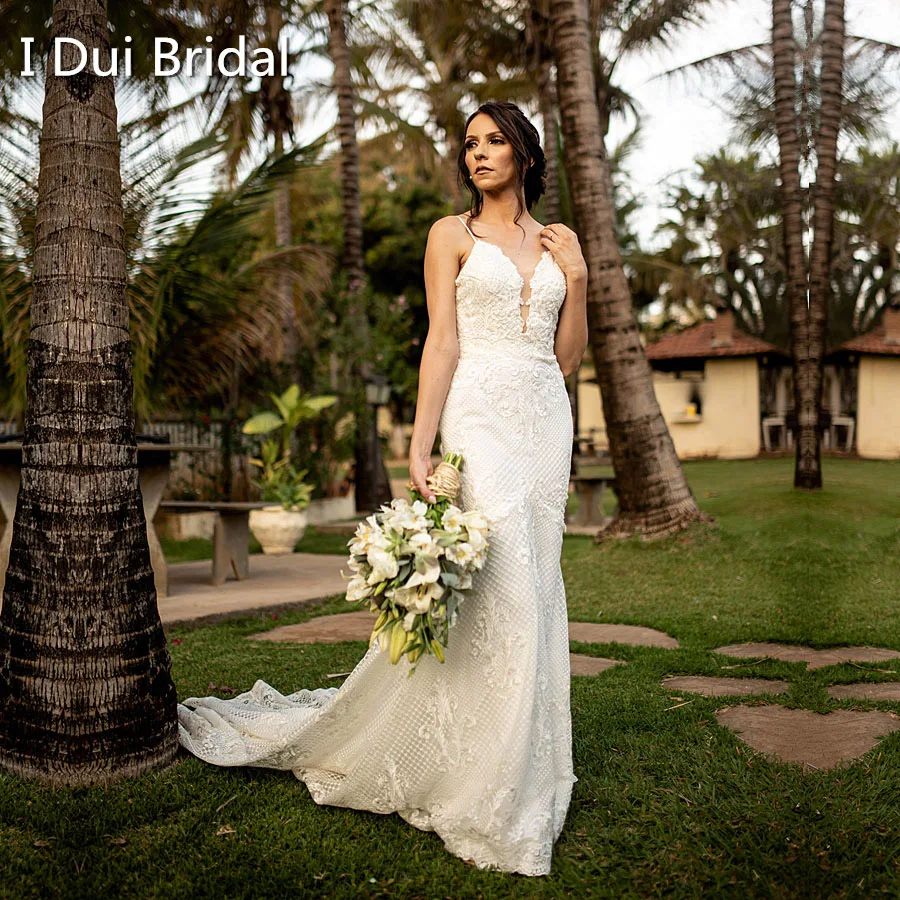 Della Cinghia di Spaghetti Abiti Da Sposa Di Lusso Della Sirena Del Merletto di Alta Qualità A Basso Scollatura Sexy Low Back Abito Da Sposa