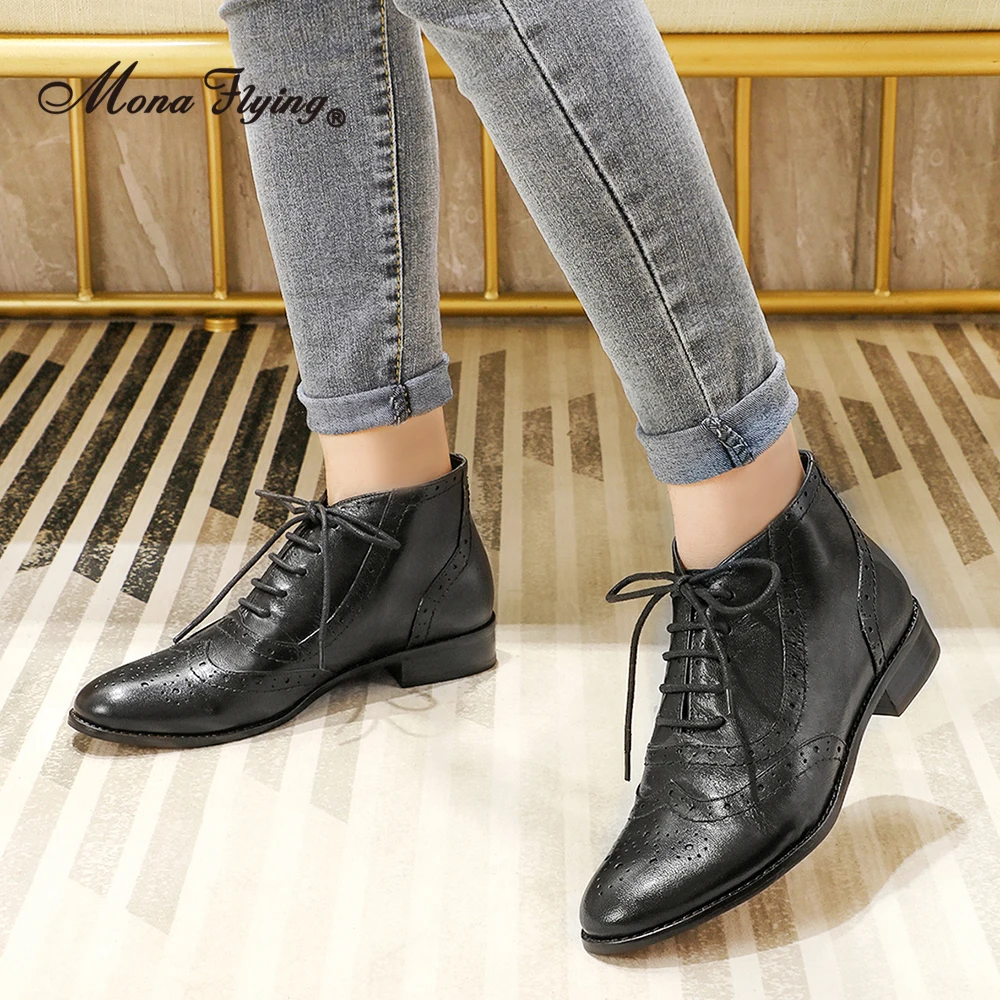 Mona Flying Womens Genuine Leather Lace up Brogue Boots Short Booties Ankle High Low Heel Wingtip Oxford Boots For Ladies 068-18