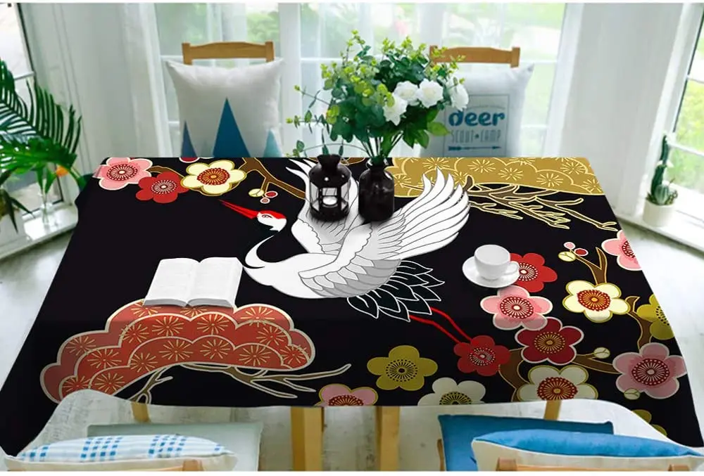 Japanese Crane Tablecloth By Ho Me Lili Asian Heron Bird Colorful Floral Branch Clouds Rectangle Polyester For Kitchen