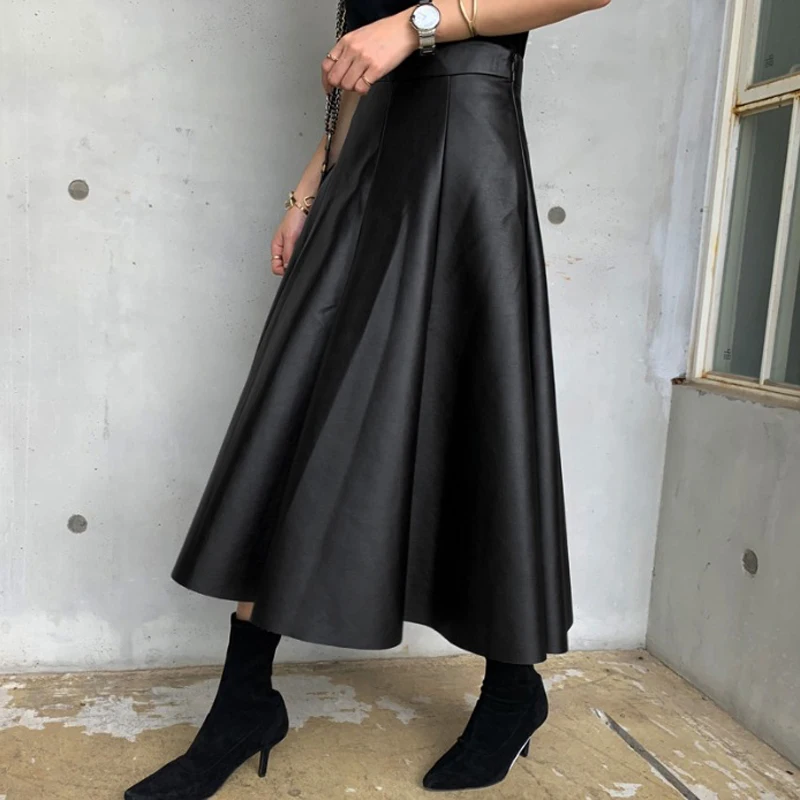 BGTEEVER Black Solid PU Leather Elegant Midi Skirt Women 2020 Spring High Waist Office Ladies A Line Flared Skirts Faux Leather