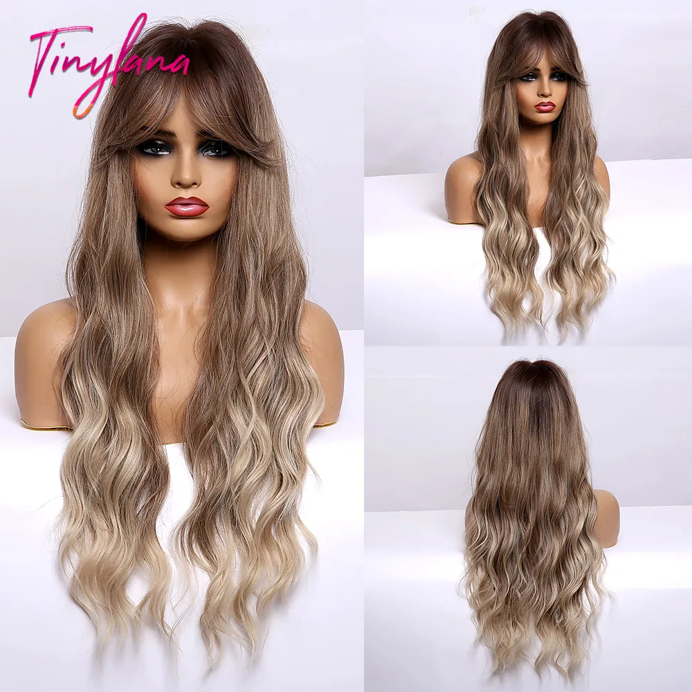 TINY LANA Synthetic Long Body Wave Hair Wigs Brown to Blonde Ombre Wig with Bangs for Women Natural Cosplay Heat Resistant Hair