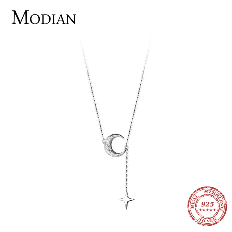 MODIAN 925 Sterling Silver Exquisite Moon Scrub Pendant Necklace for Women Simple Star Chain Choker Plated Platinum Jewelry Gift