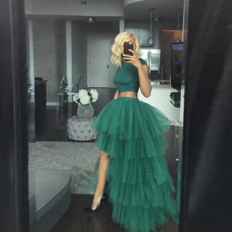 Forest Green Tulle Skirts Asymmetrical High Street Long Tiered Tulle Skirt Women Party Skirt Elastic Waistband Maxi Tulle Skirt