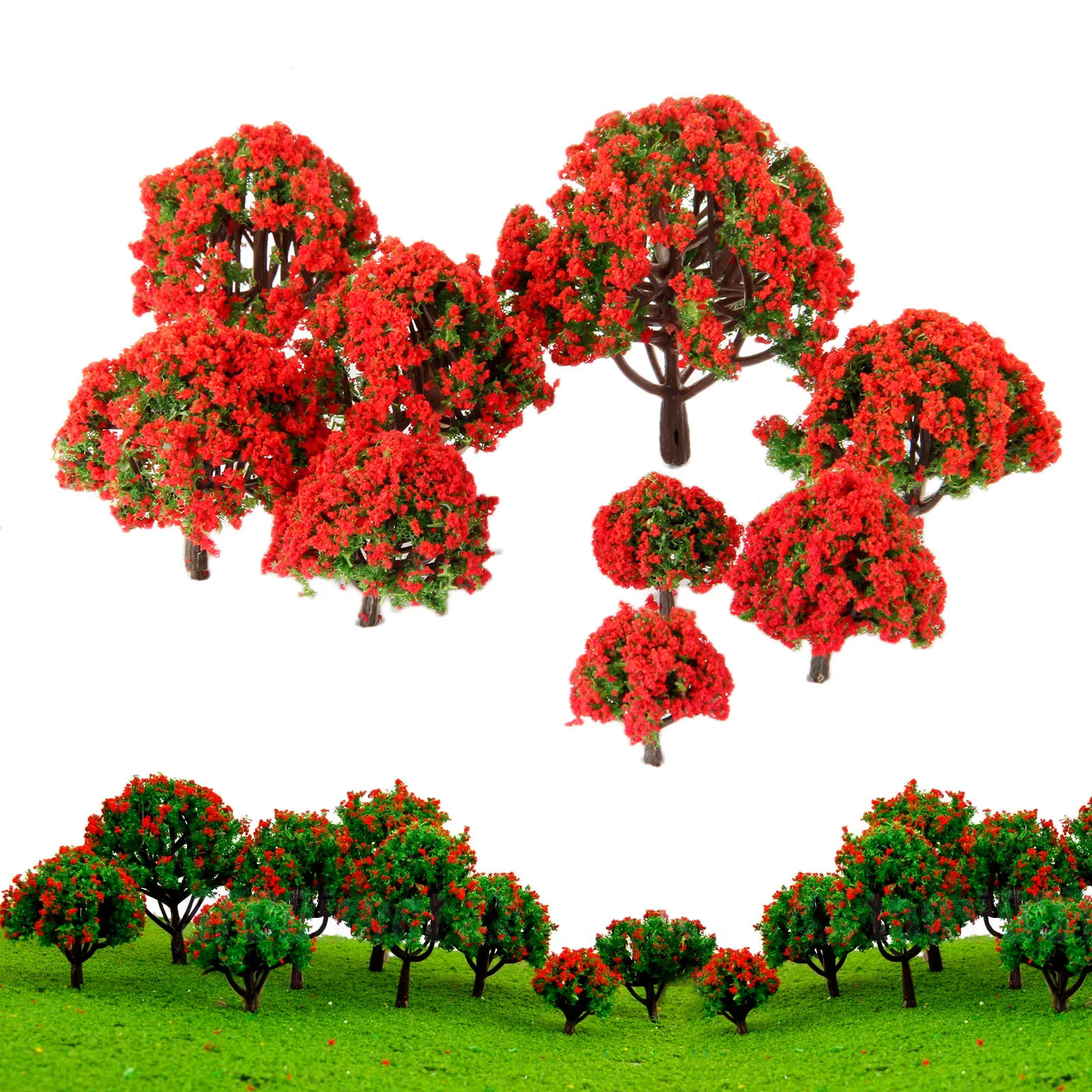 10Pcs 3-8cm Red Scenery Landscape Model Flower Trees Railway Train Diorama Mini Garden Scenery OO HO Scale Artificial Decoration