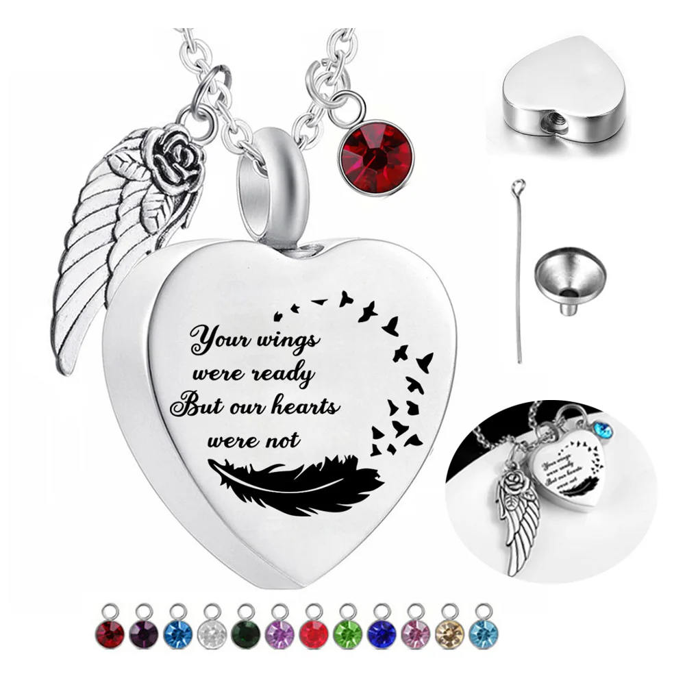 Urn Necklaces for Ashes Your Wings Were Ready Our Hearts Was Not for Pet Women Men Keepsake Cremation Urn and Birthstone Pendant