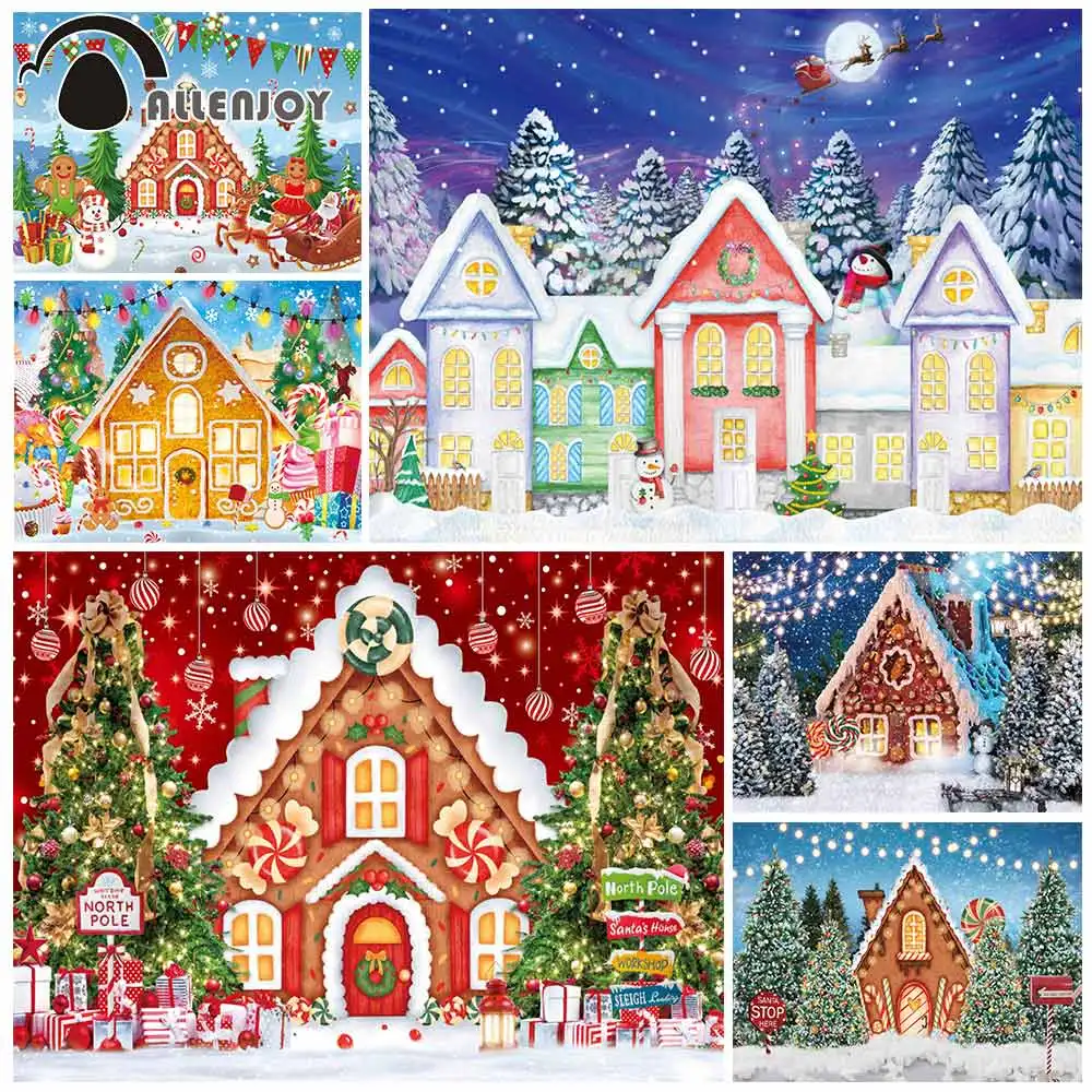 

Allenjoy Christmas Tree Snow Scene Village New Year 2022 Party Background Gingerbread House Sugar Winter Photophone Backdrop