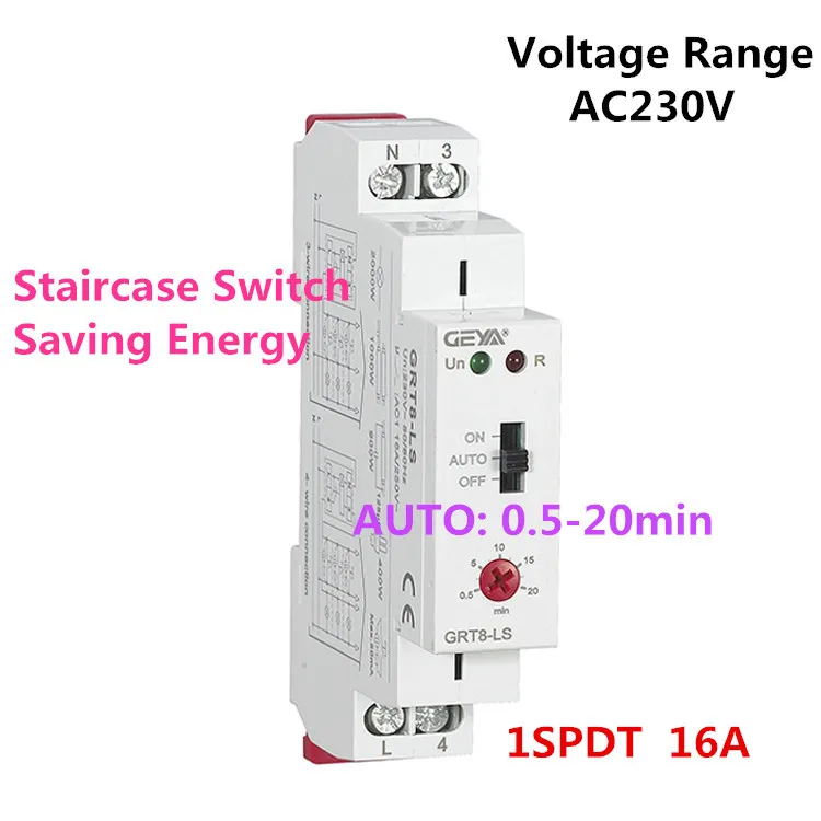 Din rail Staircase Timer Switch 230VAC 16A 0.5-20mins Delay off Relay Lighting Timer Switch GEYA GRT8-LS