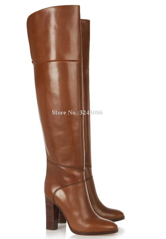 New Brown Leather Chunky Heel Women Long Boots Brand Design Large Size Over the Knee Boots Celebrity Banquet Shoes Dropship