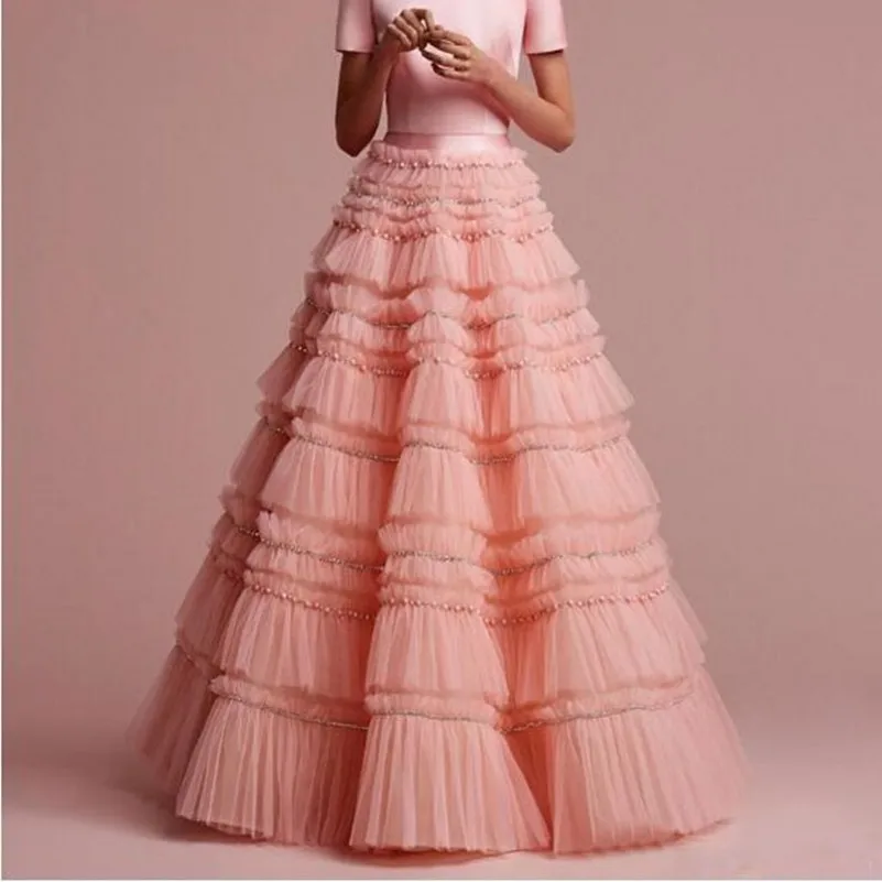 

Pink Tiered Tulle Skirt Beaded Puffy Ruffles Cake Layers Long Skirts 2020 Womens Maxi Saias Jupe Skirt Prom Party Gowns