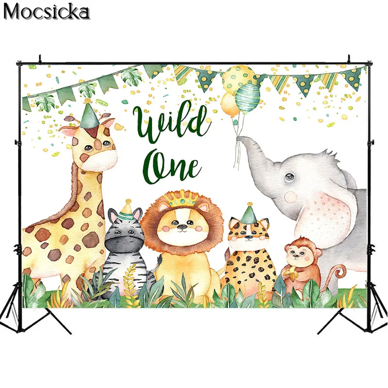 Wild One Newborn 1st Birthday Party Backdrop Tropical Green Leaves Jungle Safari Animals Baby Shower Background Banner Photocall