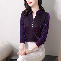 #9202 Green Gold Purple Formal Shiny Mesh Blouse Women Lapel Collar Elegant Office Blouse Shirt Female Slim Buttons Sexy M-4XL