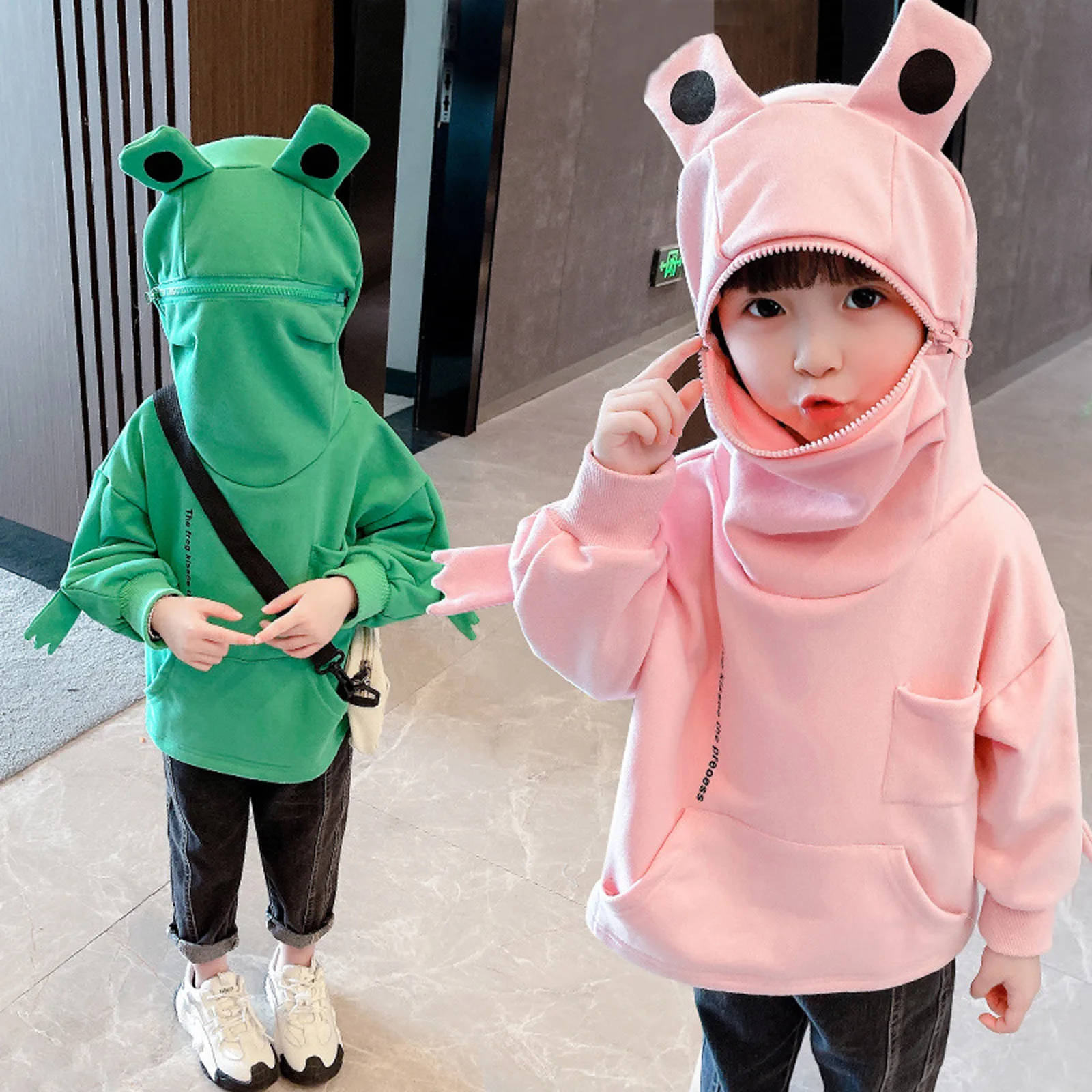 Kids Baby Girls Boys Cotton Sweatshirt 3D Cartoon Frogs Hoodies Zipper Mouth Hooded Pullover With Large Pocket Sweatshirts