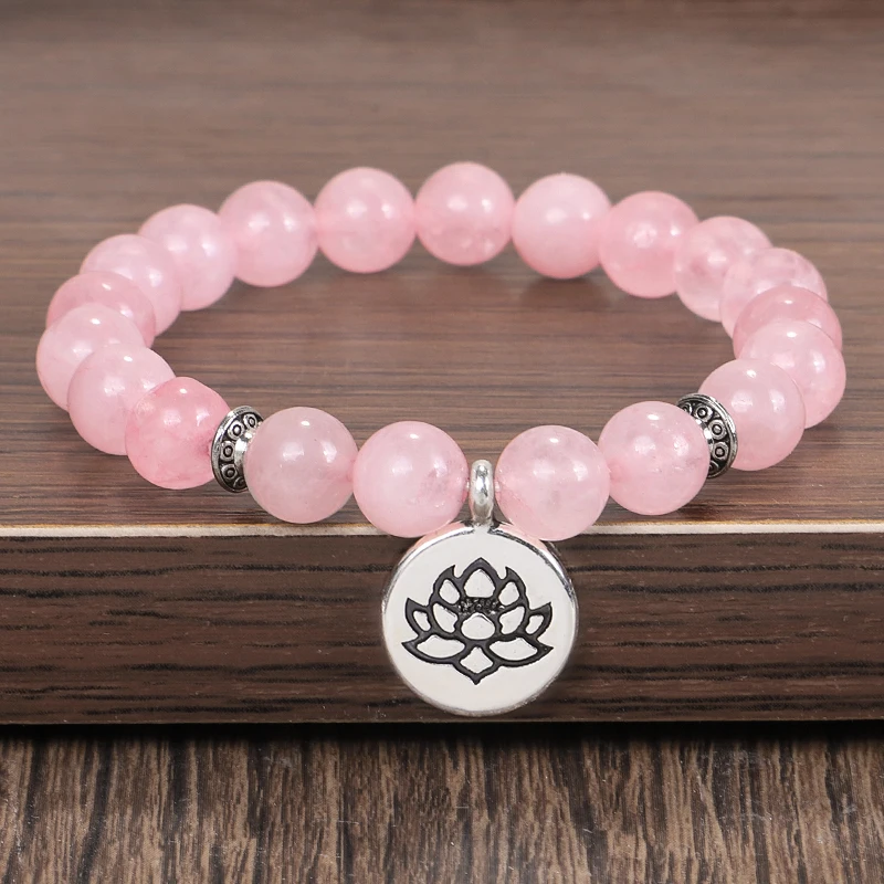 Pulsera de cristal Rosa Natural para mujer, brazalete curativo de Biddha, cuentas de Mala, piedra de loto, pulsera de Yoga, joyería de Chakra