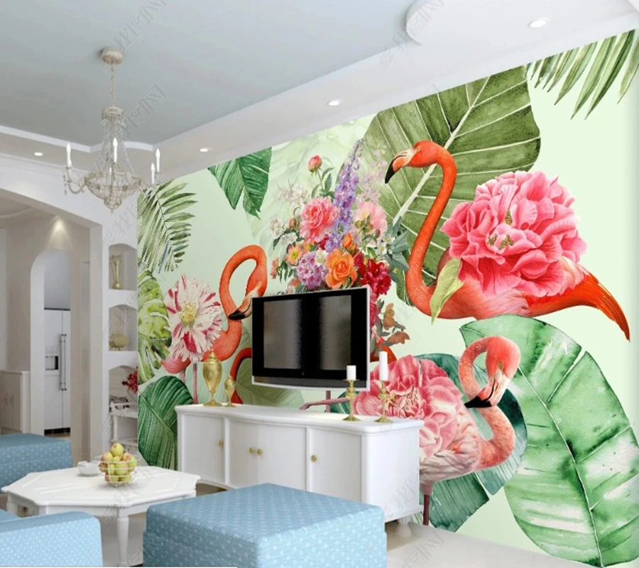 

Papel de parede Modern art small fresh green flamingo 3d wallpaper,bedroom KTV bar mural wall decor