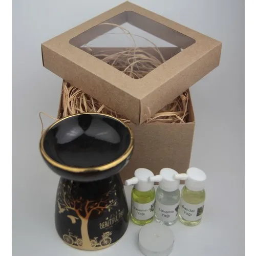 Gift Idea Life Tree Design Censer and 3'lü Oil Set-Black