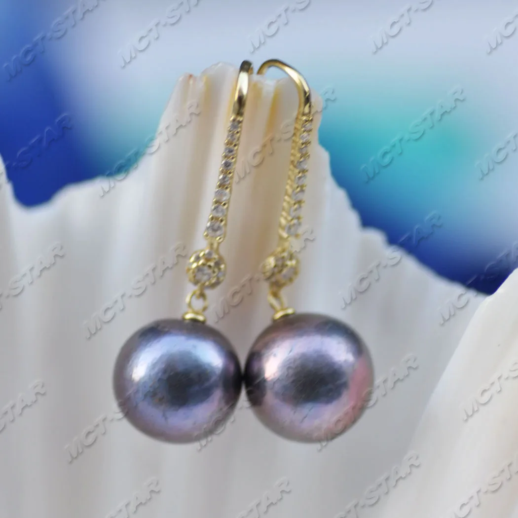 

MTC·STAR Z11738 A+ 14mm Black Round Edison Keshi Pearl Dangle Earring CZ