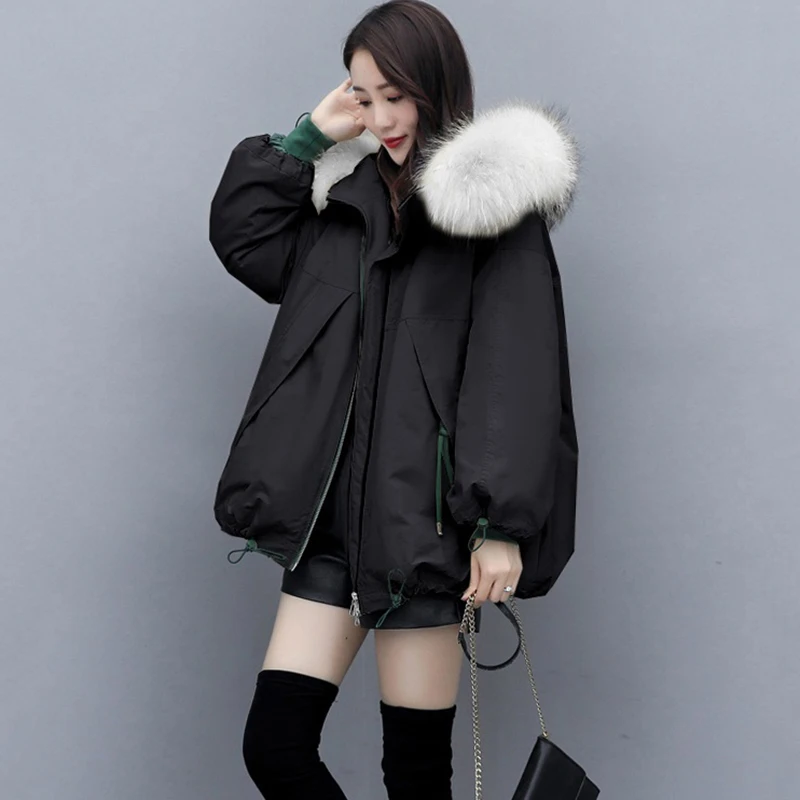 Women's Korean Loose Long Hooded Fur Collar Winter Coat, Down Jacket, Cotton Jackets, Parker Outerwear, New, F1329,