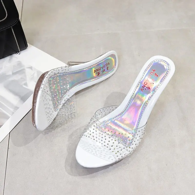 Voesnees Women Shoes Transparent Crystal Slippers Female Sandals 9cm Sexy High Heel Women Shoes Outdoor Home Fish Mouth Slide