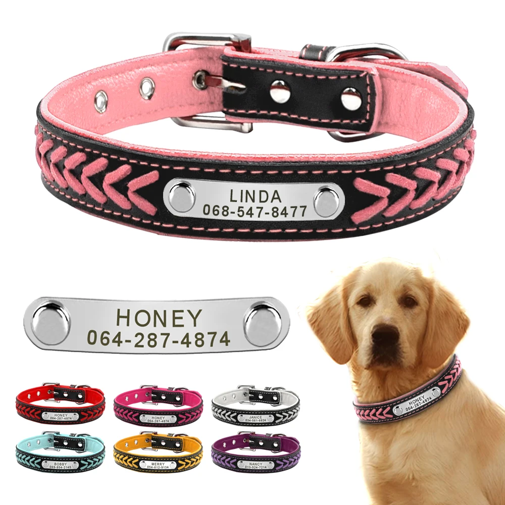 Custom Leather Dog Collar Braided Name Plated Dog Collars for Small Medium Large Dog Personalized Engraved On Collar Pet ID Tags