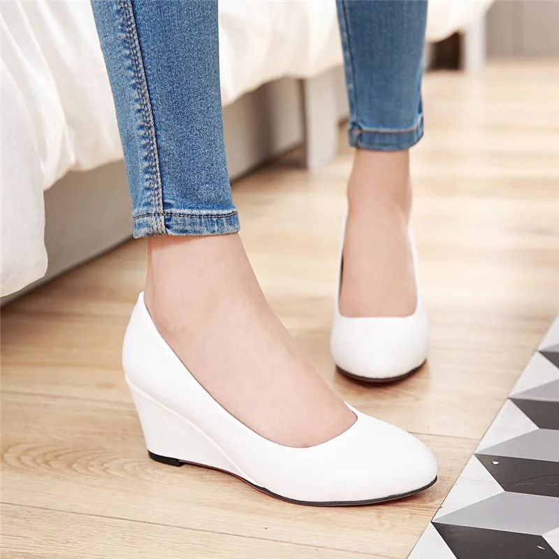 YQBTDL Sweet Cute Pink Sky Blue White Black Daily Party High Heels Shoes Wedge Shoes Plus Size Shallow Womens Wedges Pumps 2022