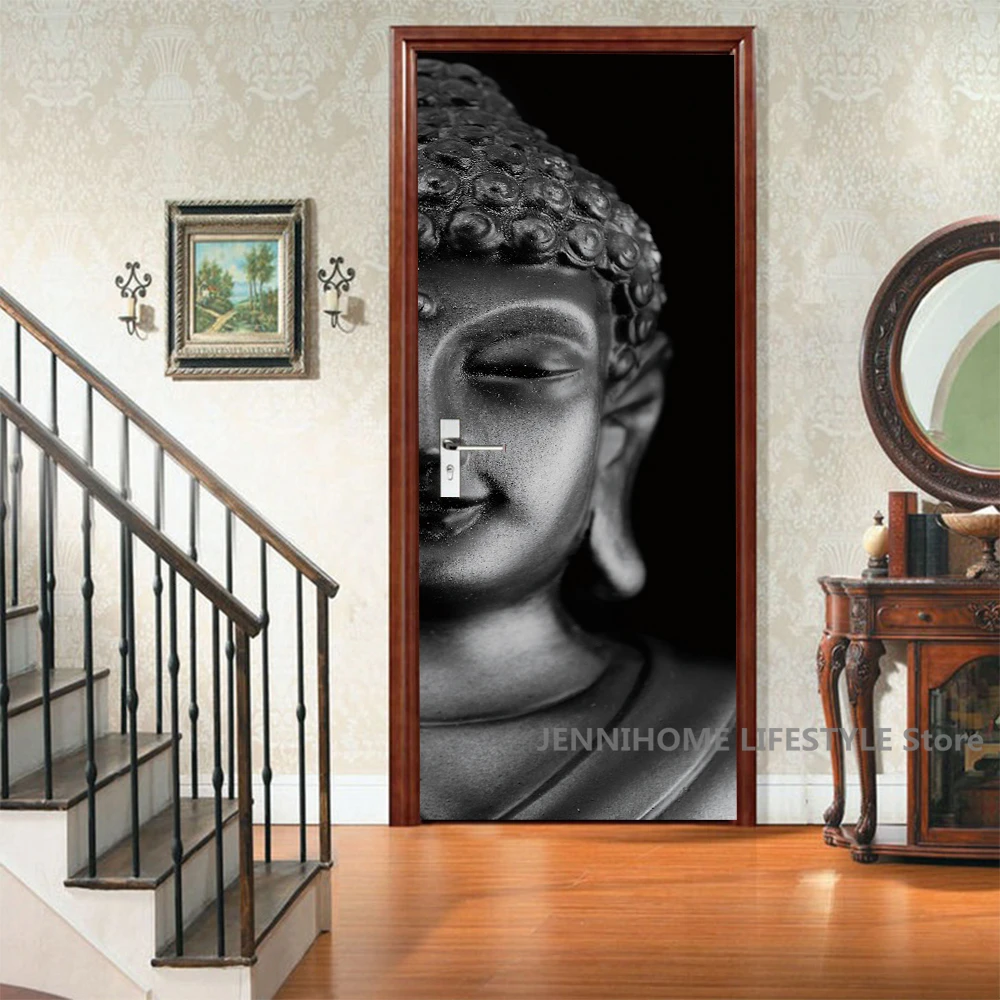 Buddha Door Stickers 3D Removable Vinilos Para Puertas Adhesive Wallpaper Art Murals for Doors Landscape Modern PVC Home Decor
