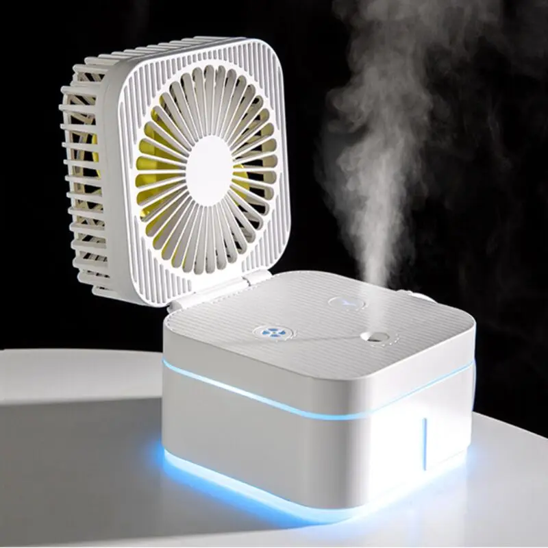 Mini Cool Mist Humidifier USB Desk Fan 3 Speed Wind & 7 Colors Light Changing Magic Cube Size Mist Fan