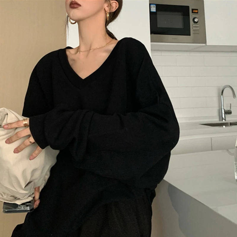 Women Base Top Oversize Long-Sleeve T-Shirt 2024 Autumn Clothes Casual Loose Blouse Ladies Thin V-Neck Long Tops Female Clothing