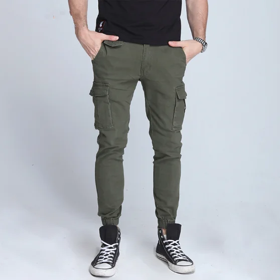 2020 New men's pants Elastic foot close Skinny Pants Tactical military Men's Cargo Pants Multi-pocket Overalls (No Belt)