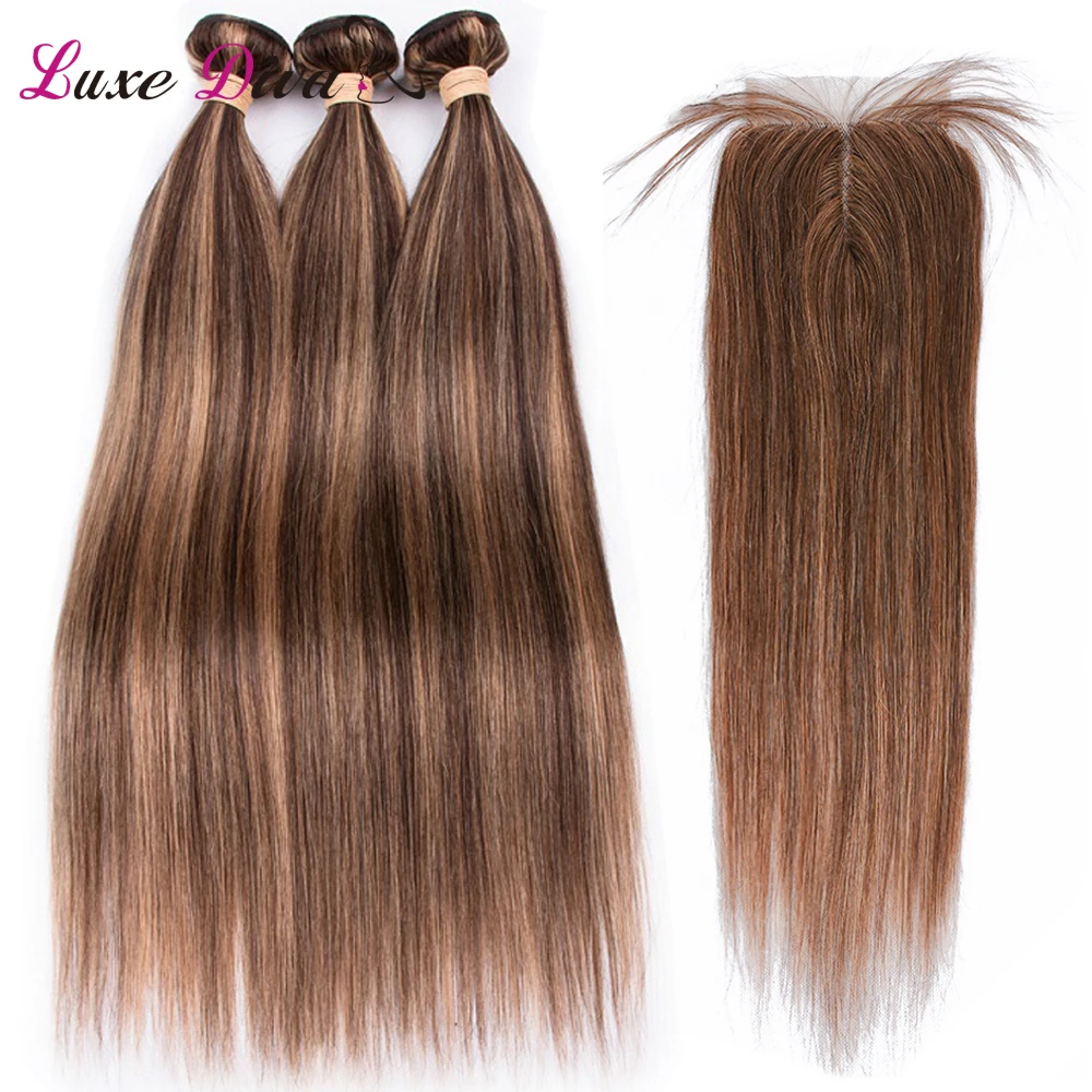 Luxe Diva Hightlight Straight Bundels Met Tpart Sluiting Ombre Bruin P4/27 Braziliaanse Human Hair Extensions Weeft Met Sluiting