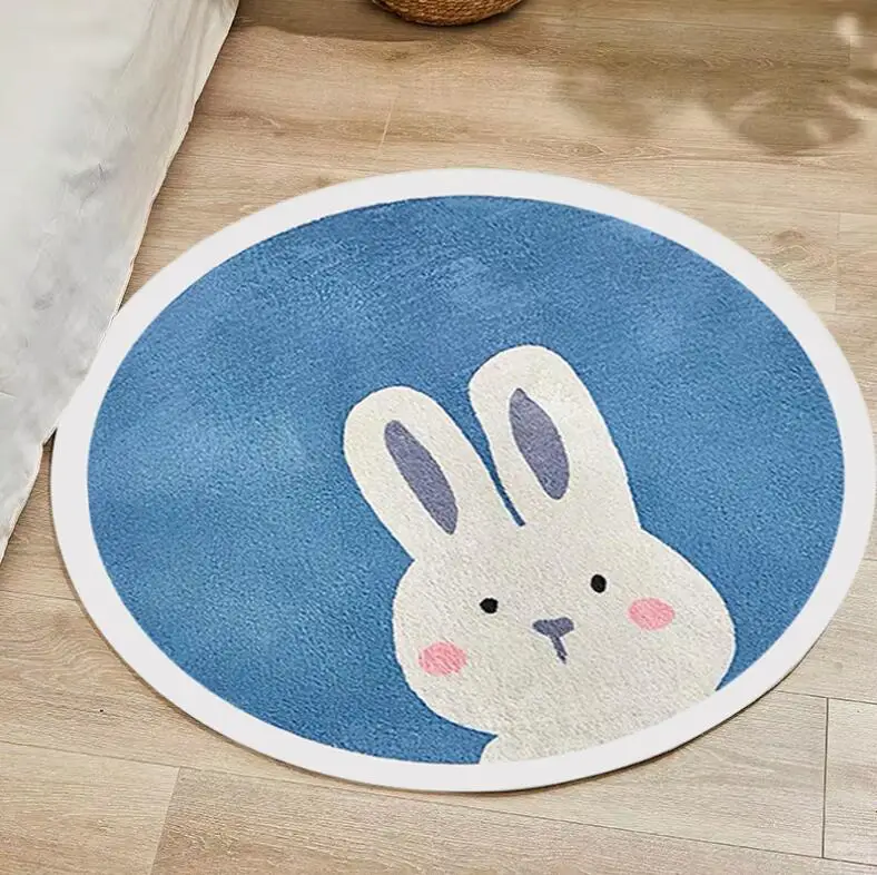 Cartoon Animal Round Carpet Cute Cat Rabbit Floor Mat Area Rug Colorful Non-slip Play Mat for Children Room Bedside Home Decor