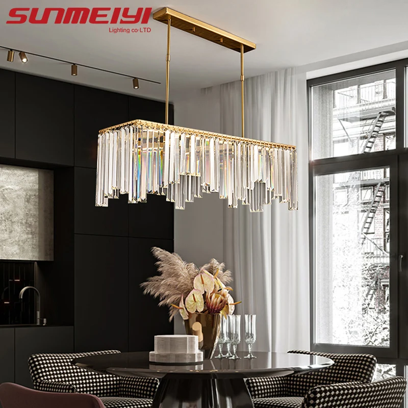 

Nordic Rectangular Crystal Restaurant Lamp Modern Simple Gold Full Copper Light Luxury Living Room Led Villa Table Chandelier