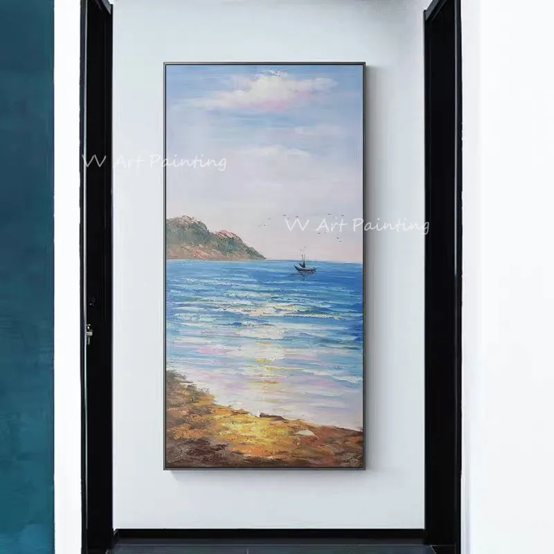 

Nordic 100% Handpainted blue simple ocean seaside Original Abstract Modern Thick Oil Painting Canvas Textured Wall Decoration