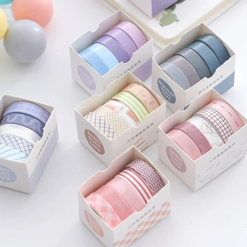 5Rolls/Set KawaiI Geometry Solid Color Washi Tape Decorative Masking Cute Scrapbooking Adhesive Office School Stationery Supplie