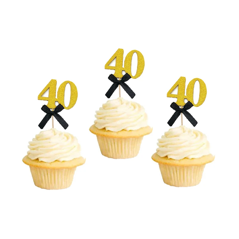 10pcs Glitter Black Gold Cupcake Topper Number 30 40 50 60 Bowknot Birthday Anniversary Adult Retirement Party Cake Decoration